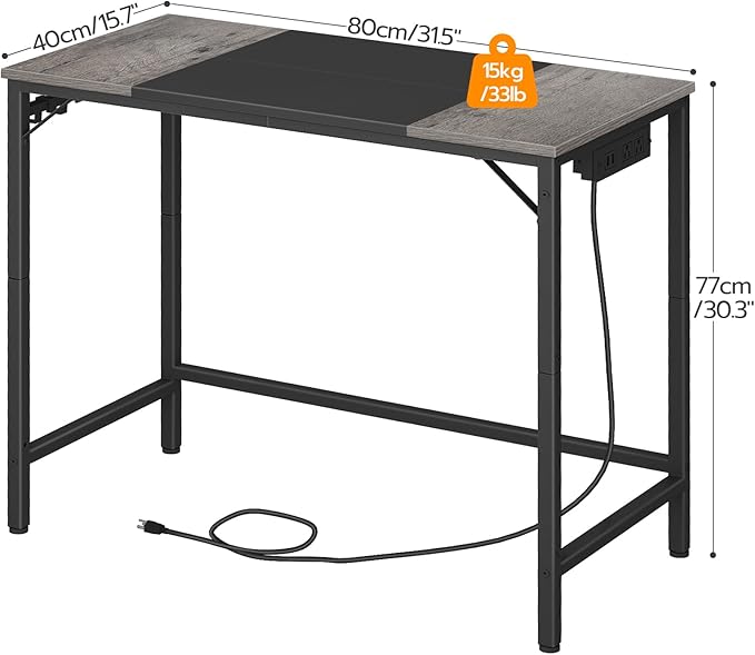 HOOBRO Computer Desk, Home Office Desk with Power Outlet, Modern Study Writing Desk with 3 Hooks for Study Room, Home Office, Sturdy and Stable, Easy to Assemble, Charcoal Gray and Black BC40UDN01 - LeafyLoom