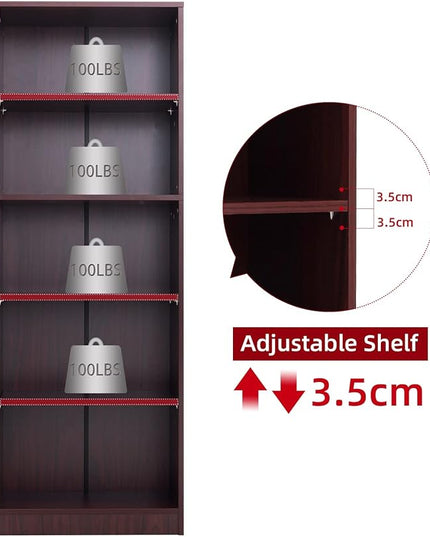 5 Shelf Wood Bookcase Freestanding Book Case Adjustable Layers Bookshelf for Home Office Small Narrow Space (Mahogany, 5-Layers,24.4W x 11.6D x 68.9H inch) - LeafyLoom