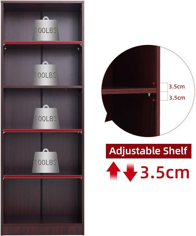 5 Shelf Wood Bookcase Freestanding Book Case Adjustable Layers Bookshelf for Home Office Small Narrow Space (Mahogany, 5-Layers,24.4W x 11.6D x 68.9H inch) - LeafyLoom