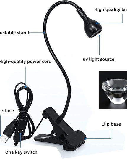 UV Nail Lamp, UV Light for Nails UV LED Light Fixtures with Gooseneck and Clamp Mini Desk Light Clamp Portable Gooseneck for Outdoor Stall Gel Nail Curing, 5V USB Input (Black,Round Head) - LeafyLoom