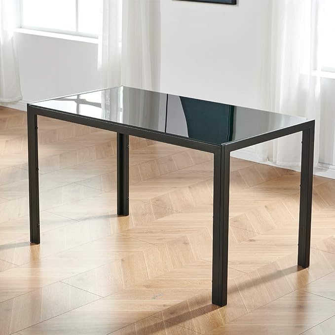 IDS Home Rectangular with Metal Legs for 4/6 Persons Transparent Glass Top Kitchen Dining Table, 51.2", Black - LeafyLoom