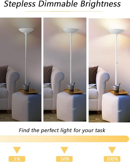 BoostArea Torchiere Floor Lamp, 24W Super Bright LED Standing Lamp, 3000K Stepless Dimmable Pole Lamp with Rotary Switch, 70 Inch Tall Metal Modern White Floor lamp for Living Room/Bedroom/Office/Den - LeafyLoom