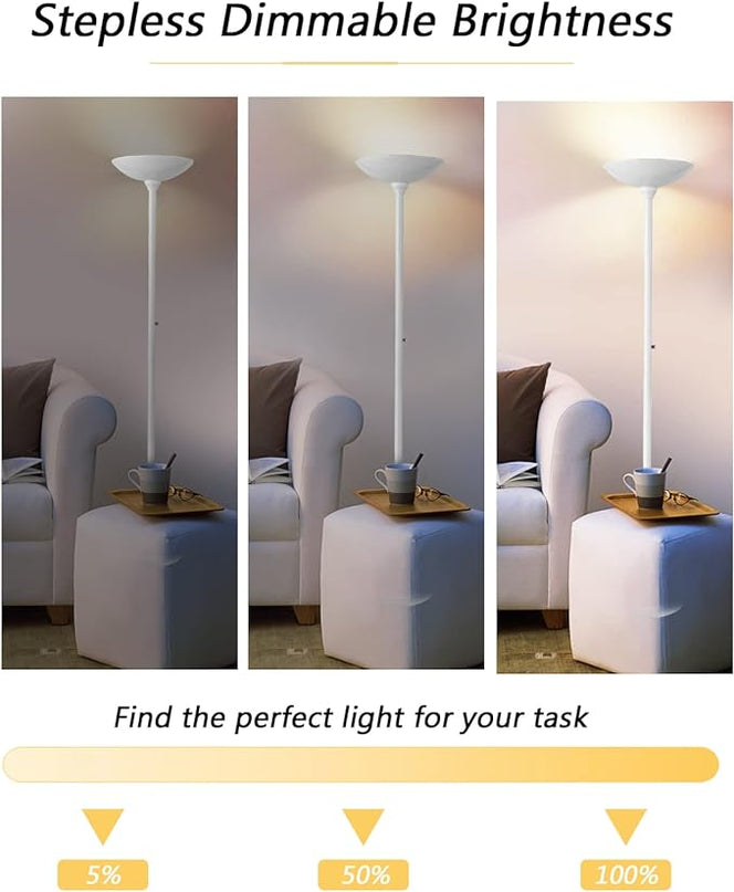 BoostArea Torchiere Floor Lamp, 24W Super Bright LED Standing Lamp, 3000K Stepless Dimmable Pole Lamp with Rotary Switch, 70 Inch Tall Metal Modern White Floor lamp for Living Room/Bedroom/Office/Den - LeafyLoom