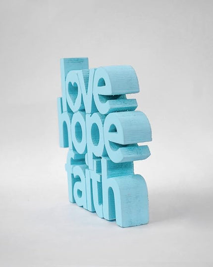 Love Hope Faith Blue, Aesthetic table decor for home or office, desk or Shelf. Quirky room decoration showpiece, ideal for birthday gift, corporate gift, and inspiring wall decor. - LeafyLoom