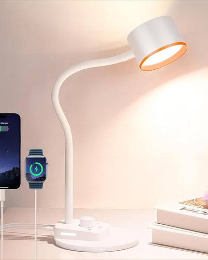 LED Desk Lamp, 1200LM for Home Office, Fully Dimmable Bedside Reading Lamp with USB C + A Charging Ports, 5 Colors, 12W Gooseneck Lamp, Metal Small Table Lamps for Bedroom Living Room White - LeafyLoom