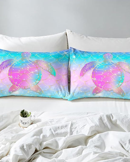 Erosebridal Mermaid Scales Comforter Set for Girls, Tortoise Reptile Bedding Set Twin Size, Sea Turtle Ocean Life Duvet Sets for Kids Children Boys Women, Sweet Girly Down Comforter, Teal Blue - LeafyLoom