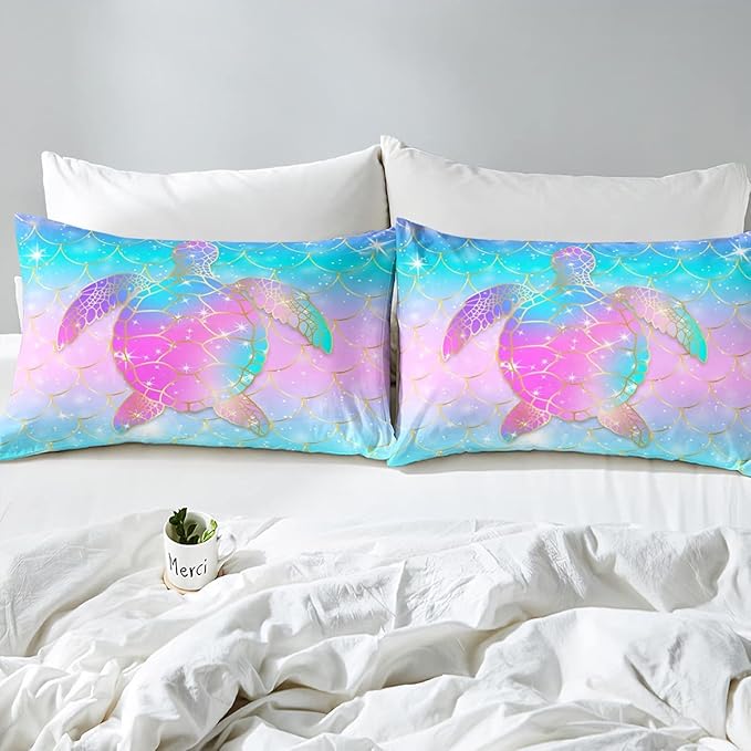 Erosebridal Mermaid Scales Comforter Set for Girls, Tortoise Reptile Bedding Set Twin Size, Sea Turtle Ocean Life Duvet Sets for Kids Children Boys Women, Sweet Girly Down Comforter, Teal Blue - LeafyLoom