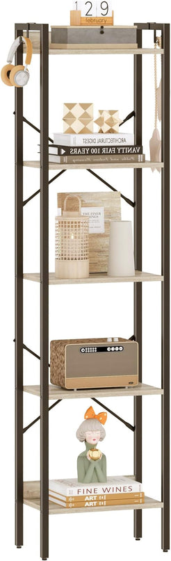 Bookshelf, Book Shelf, Industrial Bookcase with 2 Hooks, Coner Shelf Storage Organizer for Home Office, Living Room, Bedroom, Kitchen, 5-Tier Greige BC10505B - LeafyLoom