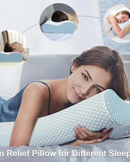Anvo Memory Foam Pillow, Neck Contour Cervical Orthopedic Pillow for Sleeping Side Back Stomach Sleeper, Ergonomic Bed Pillow for Neck Pain - Blue White, Soft - LeafyLoom