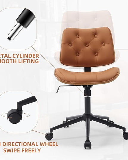 Armless Home Office Chair Modern Walnut Chair with Wheels Mid Back Swivel Computer Chair No arm Adjustable Height Leather Desk Chair for Reading,Meeting Room (Orange) - LeafyLoom