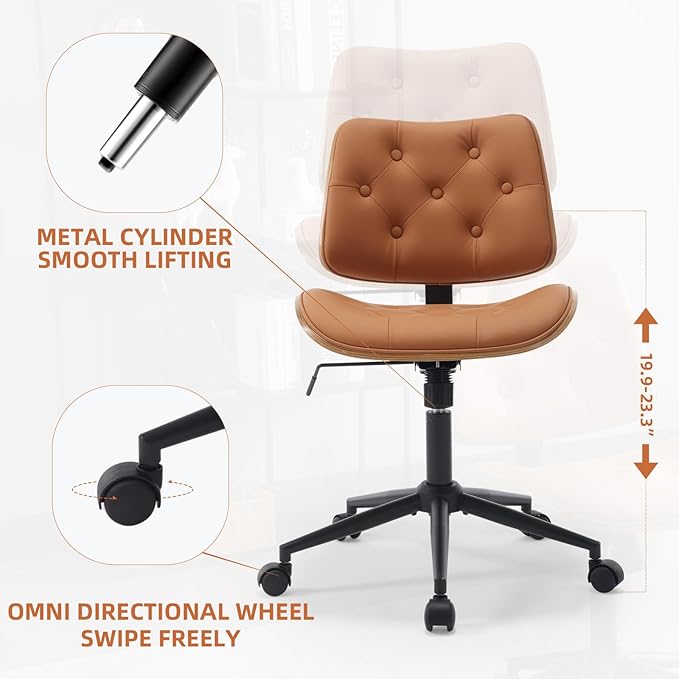 Armless Home Office Chair Modern Walnut Chair with Wheels Mid Back Swivel Computer Chair No arm Adjustable Height Leather Desk Chair for Reading,Meeting Room (Orange) - LeafyLoom