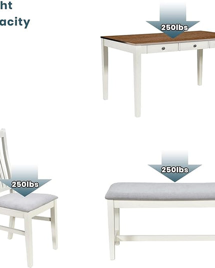 6-Piece Wood Dining Table Set with Drawer, 4 Upholstered Chairs and Bench, for Kitchen, Living Room, Mid-Century Style, Butter Milk, 59" L x 35.4" W x 30.3" H - LeafyLoom