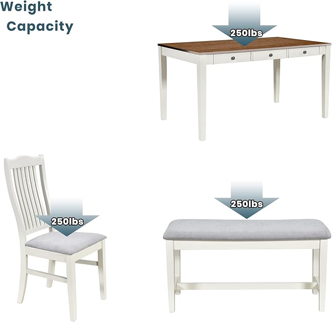 Mid-Century 6-Piece Wood Dining Table Set with Storage Drawer, Upholstered Chairs and Bench, Walnut Tabletop Kitchen Furniture for Living Room, Small Apartments, Butter Milk - LeafyLoom