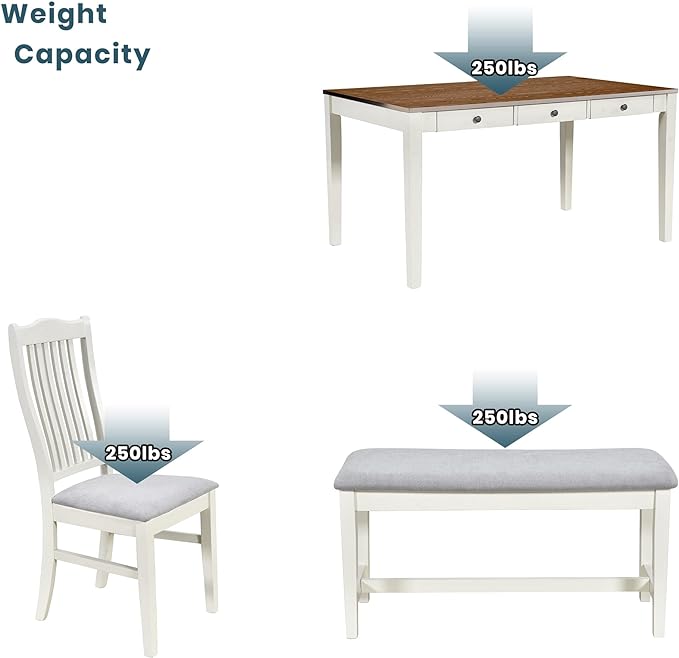 Mid-Century 6-Piece Wood Dining Table Set with Storage Drawer, 4 Upholstered Chairs and Bench for Kitchen Living Room, Butter Milk, 59" L x 35.4" W x 30.3" H - LeafyLoom