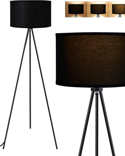 BoostArea Floor Lamp for Living Room, Tripod Floor Lamp, 15W LED Bulb, 3 Levels Dimmable Brightness, Black Linen Lamp Shade, Mid Century Standing Lamp for Living Room, Bedroom, Study Room and Office - LeafyLoom
