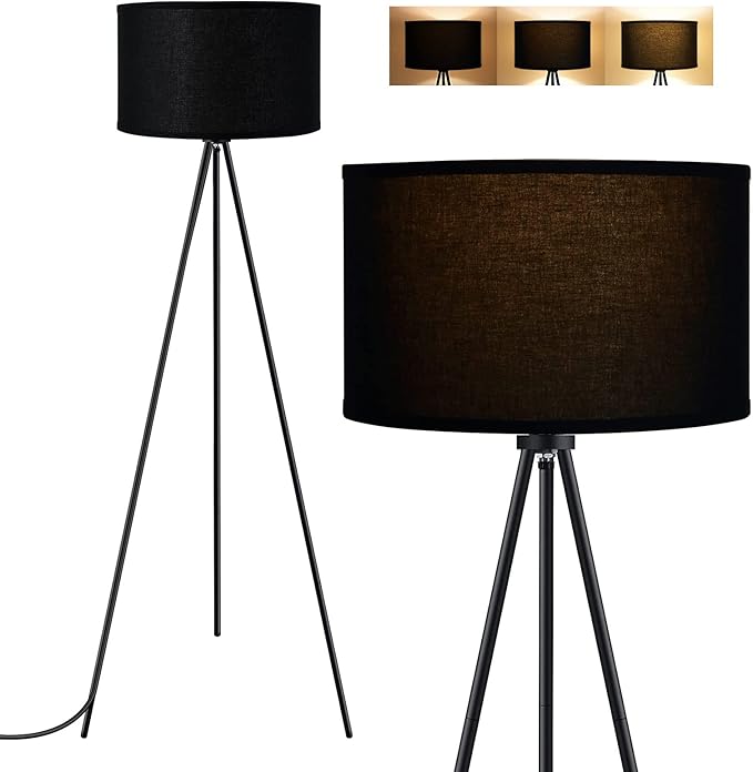BoostArea Floor Lamp for Living Room, Tripod Floor Lamp, 15W LED Bulb, 3 Levels Dimmable Brightness, Black Linen Lamp Shade, Mid Century Standing Lamp for Living Room, Bedroom, Study Room and Office - LeafyLoom