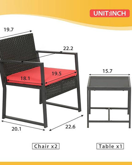 FDW Patio Furniture Sets 3 Piece Outdoor Bistro Set Wicker Patio Chairs Rattan Outdoor Furniture for Backyard Porch Poolside Lawn,Red Cushion - LeafyLoom