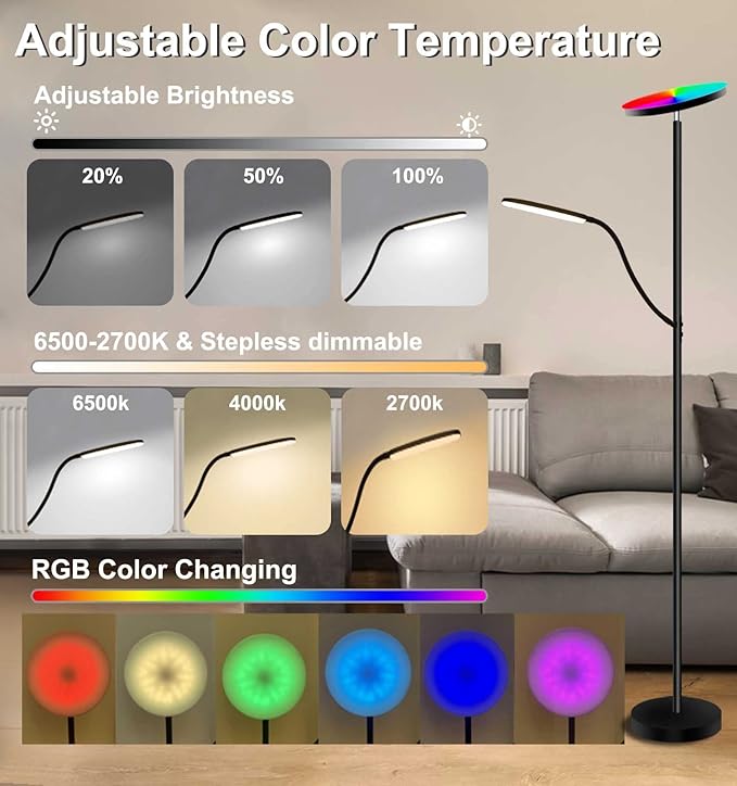 RGB Floor lamp,LED floor lamps for living room, super bright tall standing lamp with Remote &Touch control, Adjustable angle reading floor lamp for Bedroom office - LeafyLoom