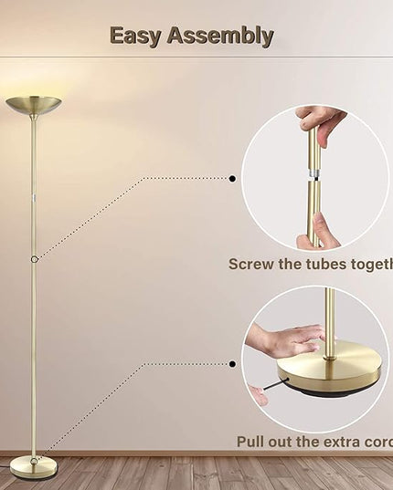 BoostArea Torchiere Standing Lamp,20W 2000LM LED Halogen Stepless Dimmable,Touch Control,50000hrs Lifespan,Pale Floor Lamps for Living Room, Bedroom,Gold - LeafyLoom