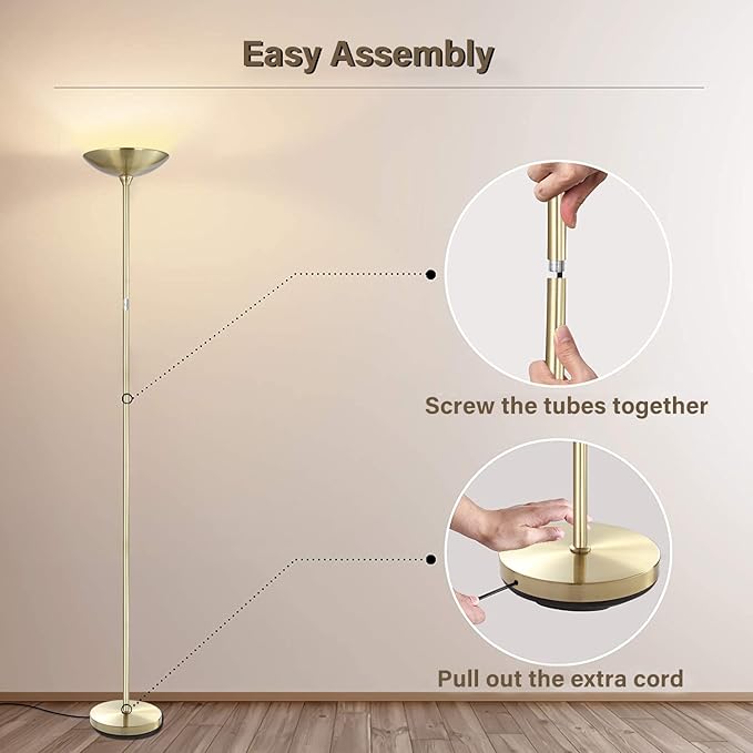 BoostArea Torchiere Standing Lamp,20W 2000LM LED Halogen Stepless Dimmable,Touch Control,50000hrs Lifespan,Pale Floor Lamps for Living Room, Bedroom,Gold - LeafyLoom