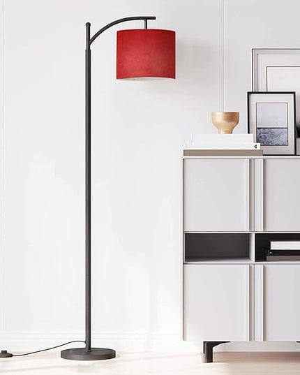 Modern Arc Floor Lamp with Dimmer Mid Century Abstract red Brushed Texture Cement Concrete Metal Standing Lamp with Linen Shade Footswitch for Living Room Bedroom Office - LeafyLoom