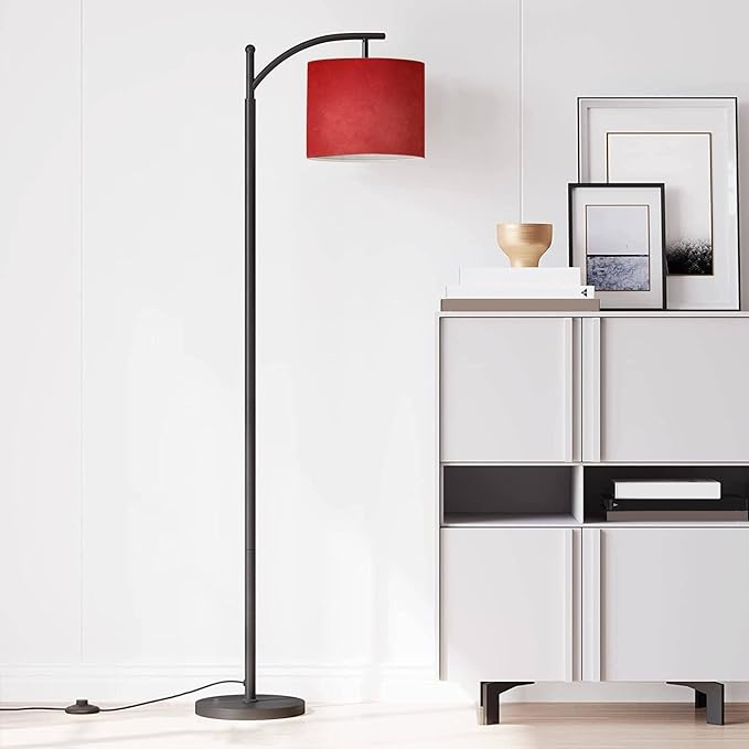 Modern Arc Floor Lamp with Dimmer Mid Century Abstract red Brushed Texture Cement Concrete Metal Standing Lamp with Linen Shade Footswitch for Living Room Bedroom Office - LeafyLoom