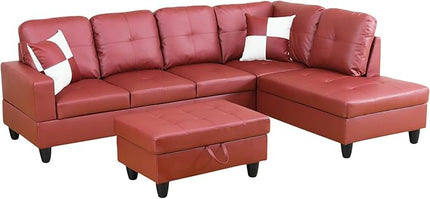 ROOMTEC Button L Shape 3 Piece Sectional Sofa Set, Upholstered Corner Couch with Storage Ottoman, Faux Leather Tufted Cushions, for Living Room, Apartment, Red, 103inch, Pink w/Right Chaise Lounge - LeafyLoom
