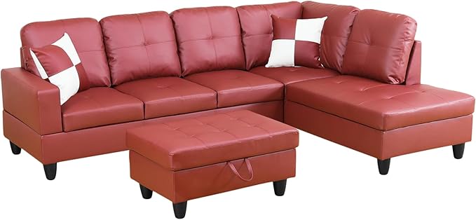 ROOMTEC Button L Shape 3 Piece Sectional Sofa Set, Upholstered Corner Couch with Storage Ottoman, Faux Leather Tufted Cushions, for Living Room, Apartment, Red, 103inch, Pink w/Right Chaise Lounge - LeafyLoom