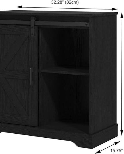 Panana Sliding Barn Door Buffet Sideboard Storage Cabinet Coffee Bar Kitchen Farmhouse Style (Black) - LeafyLoom