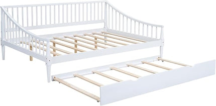Full Size Daybed with Hideaway Trundle and Support Legs,Multi-Functional Wood Bed Frame,W/Rails Three Sides,Easy to Assemble,for Bedroom,Living Room,Apartment,White - LeafyLoom