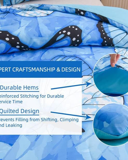 Btargot 3 Piece Blue Butterfly Girls Kids Adults Queen Size Comforter Set, Lightweight Soft All Season Bedding Set with 2 Pillowcases - LeafyLoom