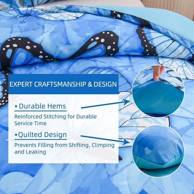 Btargot 3 Piece Blue Butterfly Girls Kids Adults Queen Size Comforter Set, Lightweight Soft All Season Bedding Set with 2 Pillowcases - LeafyLoom