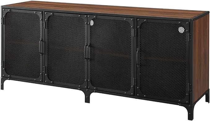 Walker Edison Malcomb Urban Industrial 4 Door Metal Mesh TV Console for TVs up to 65 Inches, 60 Inch, Dark Walnut - LeafyLoom