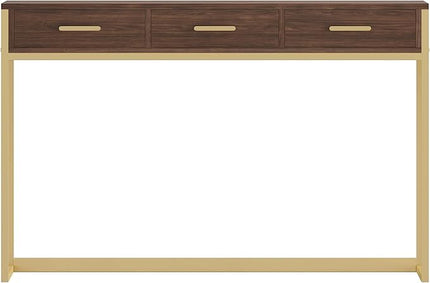 Martha Stewart Ollie Home Office Desk with 3 Drawers in Walnut Wood Grain with Polished Brass Hardware - LeafyLoom