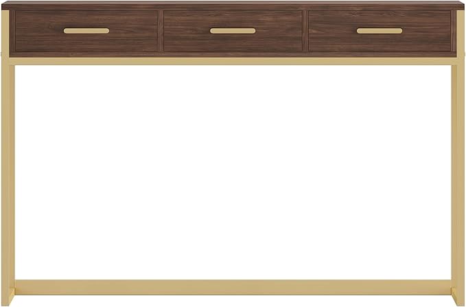 Martha Stewart Ollie Home Office Desk with 3 Drawers in Walnut Wood Grain with Polished Brass Hardware - LeafyLoom