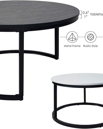 Usinso Round Coffee Tables,2 Round Nesting Table Set Circle Coffee Table with Storage Open Shelf for Living Room Modern Minimalist Style Furniture Side End Table of Stable(Black & White) - LeafyLoom