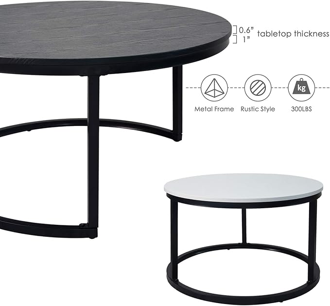 Usinso Round Coffee Tables,2 Round Nesting Table Set Circle Coffee Table with Storage Open Shelf for Living Room Modern Minimalist Style Furniture Side End Table of Stable(Black & White) - LeafyLoom