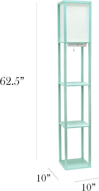 Simple Designs LF1037-AQU-LB Three Shelf Etagere Organizer Storage Floor Lamp with 2 Dual USB Ports and Charging Outlet, Aqua, with Feit LED Bulb Included - LeafyLoom