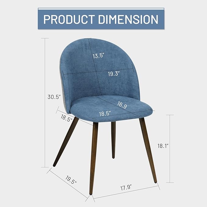 FurnitureR Upholstered Fabric Dining Chair Mid Back Armless with Wood Legs for Home Kitchen Bedroom Living Room, Set of 2, Blue/Grey - LeafyLoom