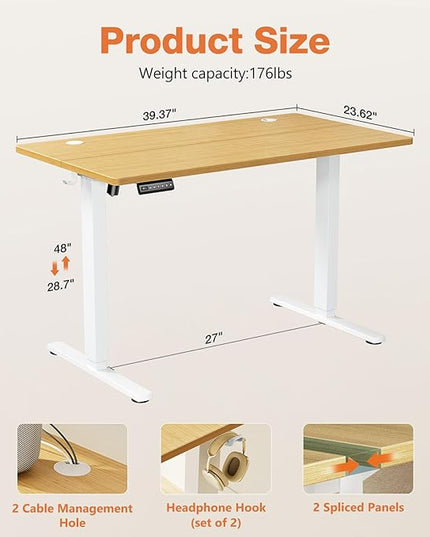 Sweetcrispy Electric Adjustable Height Standing Desk - 40 x 24 inch Sit to Stand Up Desk with Splice Board, Rising Home Office Computer Table with 2 Hook and Wire Hole for Work - LeafyLoom