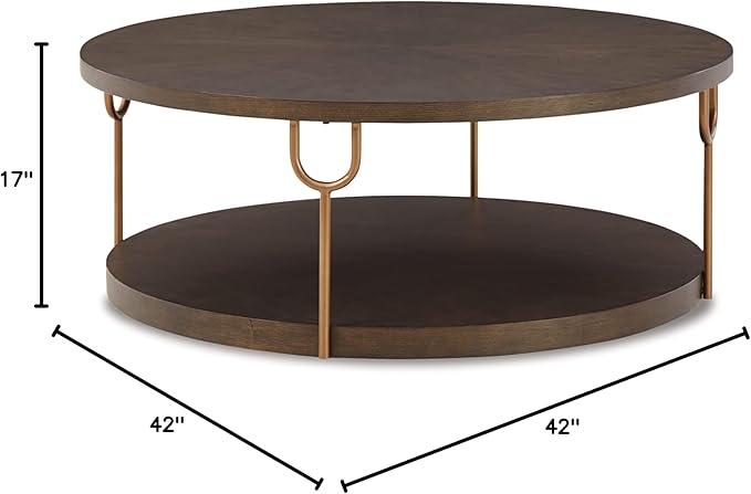 Signature Design by Ashley Brazburn Contemporary Round 42" Coffee Table, Metallic & Brown Finish - LeafyLoom