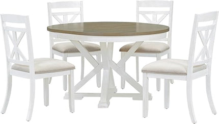 Merax 5-Piece Retro Functional Dining Set Extendable Round Table and 4 Upholstered Chairs, White - LeafyLoom