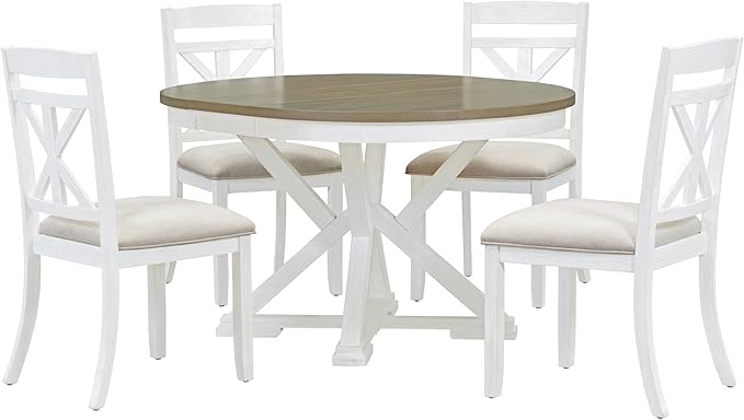 Merax 5-Piece Retro Functional Dining Set Extendable Round Table and 4 Upholstered Chairs, White - LeafyLoom