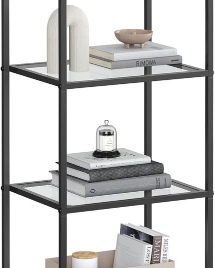 VASAGLE Bookcase, 4-Tier Bookshelf, Slim Shelving Unit for Bedroom, Bathroom, Home Office, Tempered Glass, Steel Frame, Ink Black ULGT028B61 - LeafyLoom