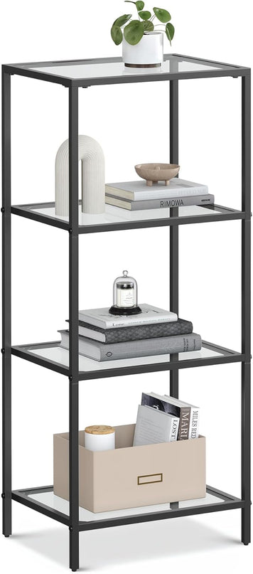 VASAGLE Bookcase, 4-Tier Bookshelf, Slim Shelving Unit for Bedroom, Bathroom, Home Office, Tempered Glass, Steel Frame, Ink Black ULGT028B61 - LeafyLoom