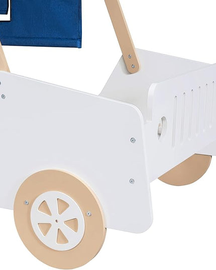 Twin Size Kids Car Bed with Tent Canopy & Wheels,Wood Bedframe W/Safty Grille,Raised Base Design,Easy Assembly,Toddler Boys Car-Shaped Bedroom Beds for Reading Playing Relaxing,White+Natural - LeafyLoom