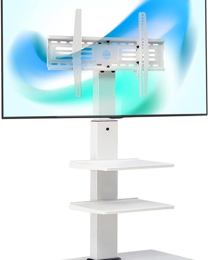FITUEYES Iron Base Universal Floor TV Stand Corner Swivel Tilt Mount for 32-75 Inch TVs with Height Adjustable Entertainment Shelves Wire Management (White) - LeafyLoom