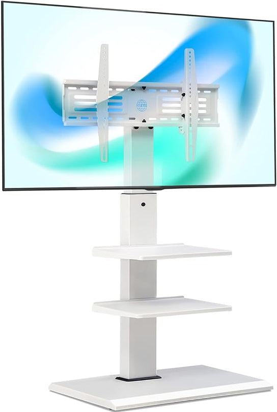 FITUEYES Iron Base Universal Floor TV Stand Corner Swivel Tilt Mount for 32-75 Inch TVs with Height Adjustable Entertainment Shelves Wire Management (White) - LeafyLoom