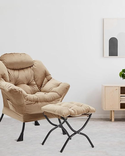 Lazy Chair with Folding Ottoman, Accent Chair Velvet Upholstered with Metal Structure and Non-Slip Pads, Sofa Armchair with Footrest and Side Storage Bag for Dorm, Room, Office, Khaki - LeafyLoom