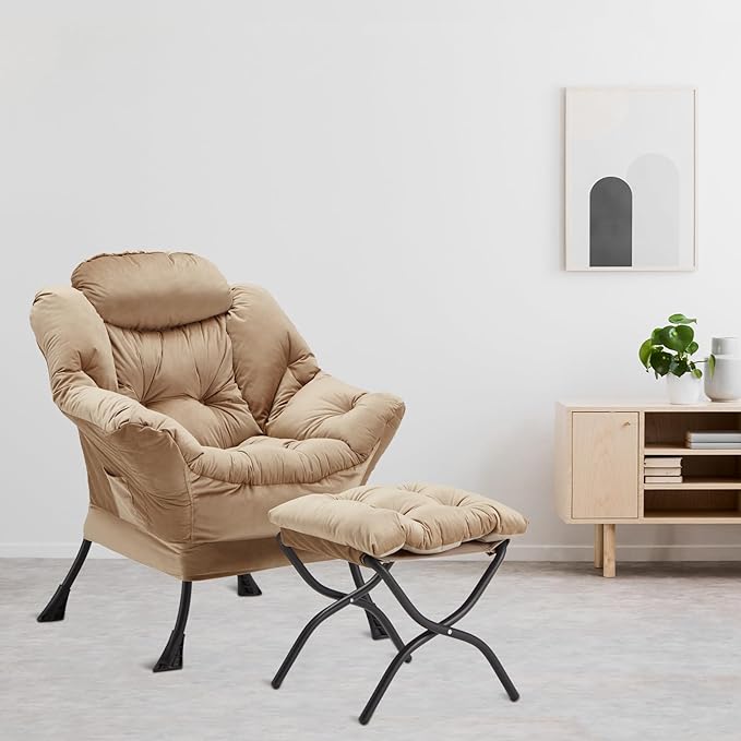 Lazy Chair with Folding Ottoman, Accent Chair Velvet Upholstered with Metal Structure and Non-Slip Pads, Sofa Armchair with Footrest and Side Storage Bag for Dorm, Room, Office, Khaki - LeafyLoom